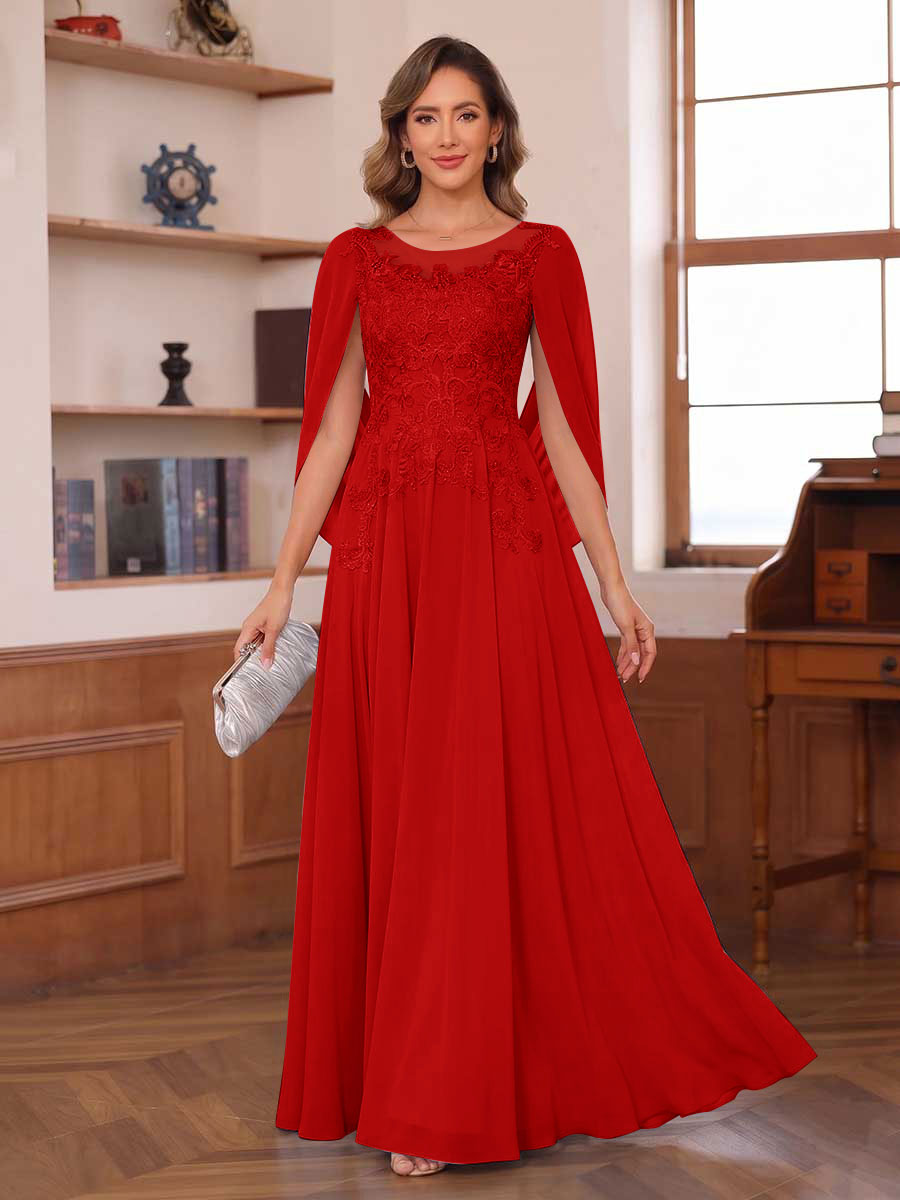 A-Line/Princess Illusion Scoop Chiffon Mother of the Bride Dresses with Appliques & Cape