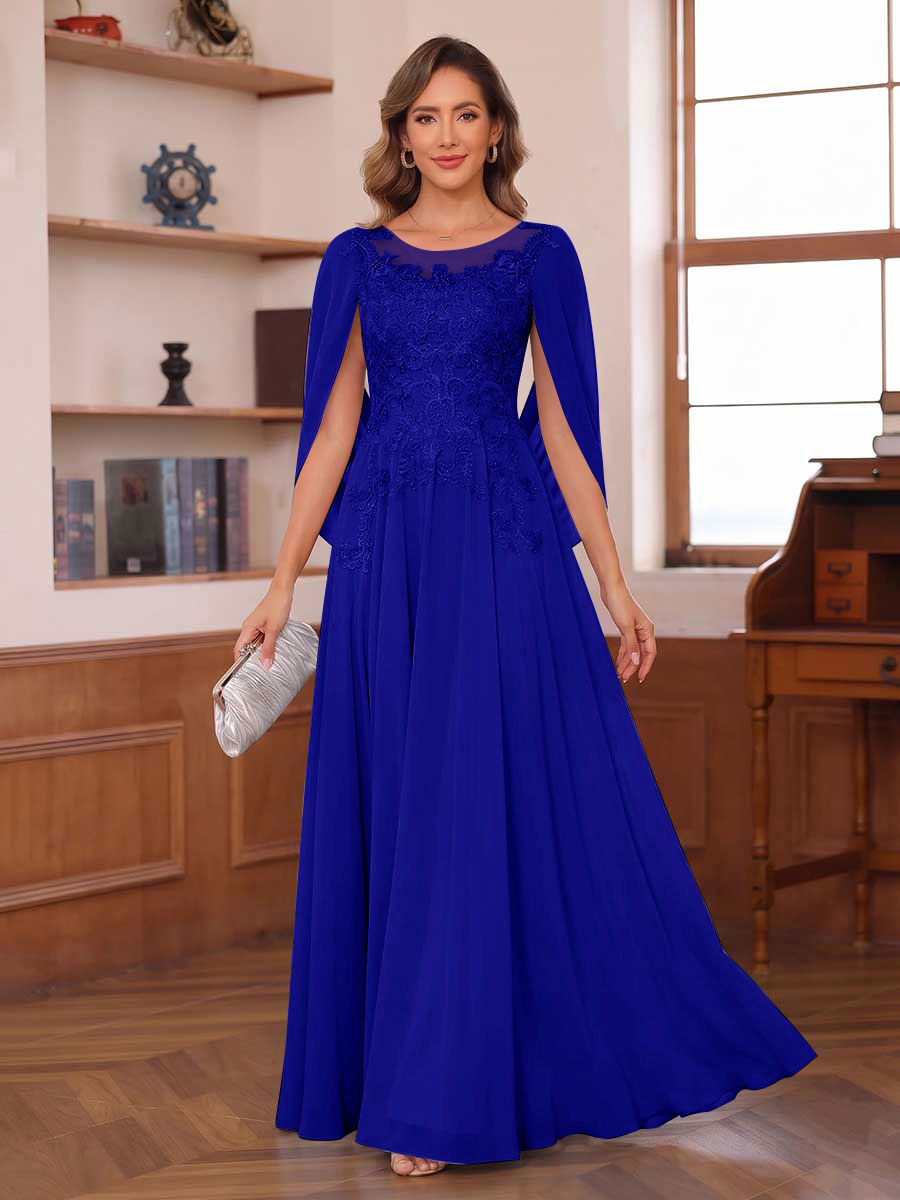 A-Line/Princess Illusion Scoop Chiffon Mother of the Bride Dresses with Appliques & Cape