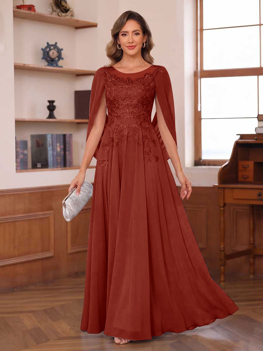 A-Line/Princess Illusion Scoop Chiffon Mother of the Bride Dresses with Appliques & Cape