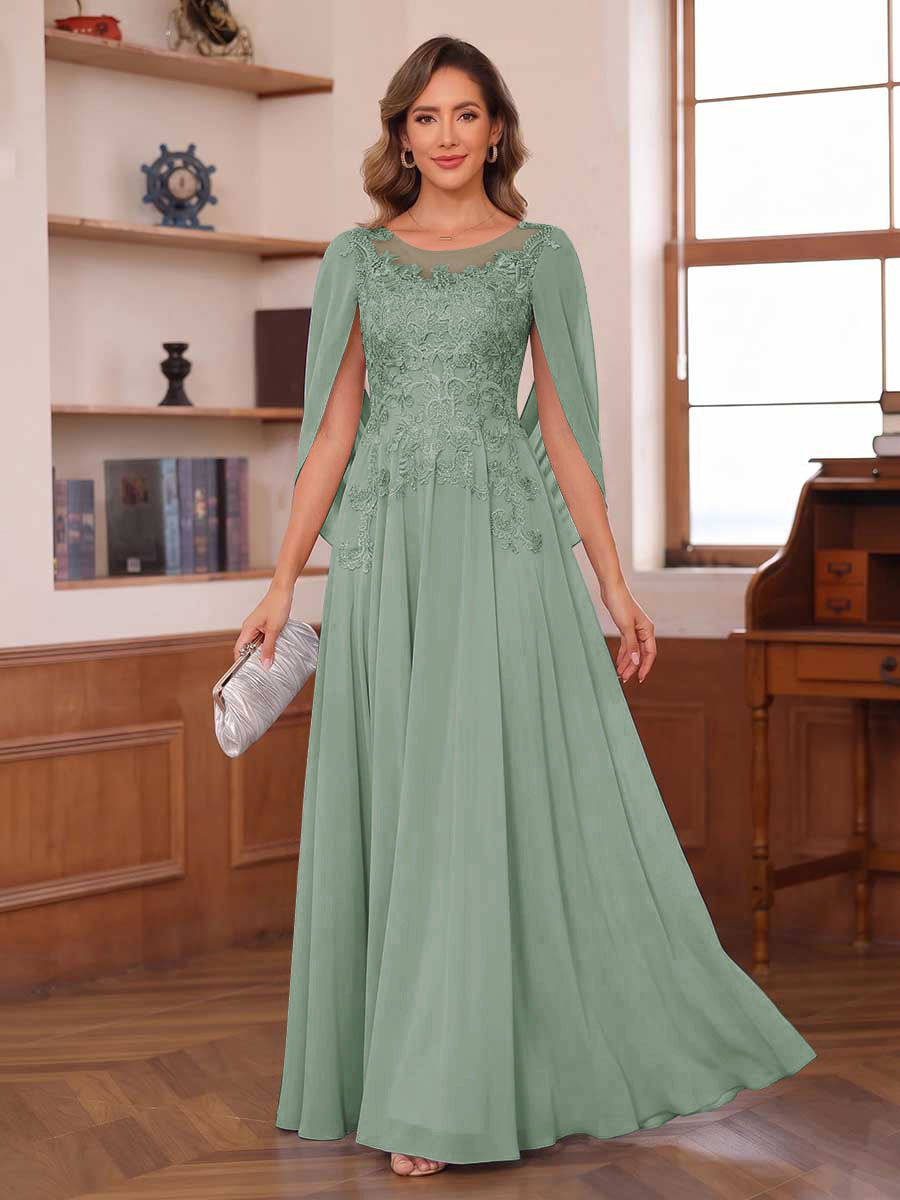 A-Line/Princess Illusion Scoop Chiffon Mother of the Bride Dresses with Appliques & Cape