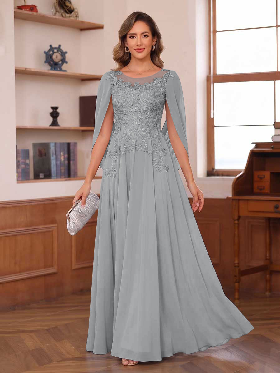 A-Line/Princess Illusion Scoop Chiffon Mother of the Bride Dresses with Appliques & Cape