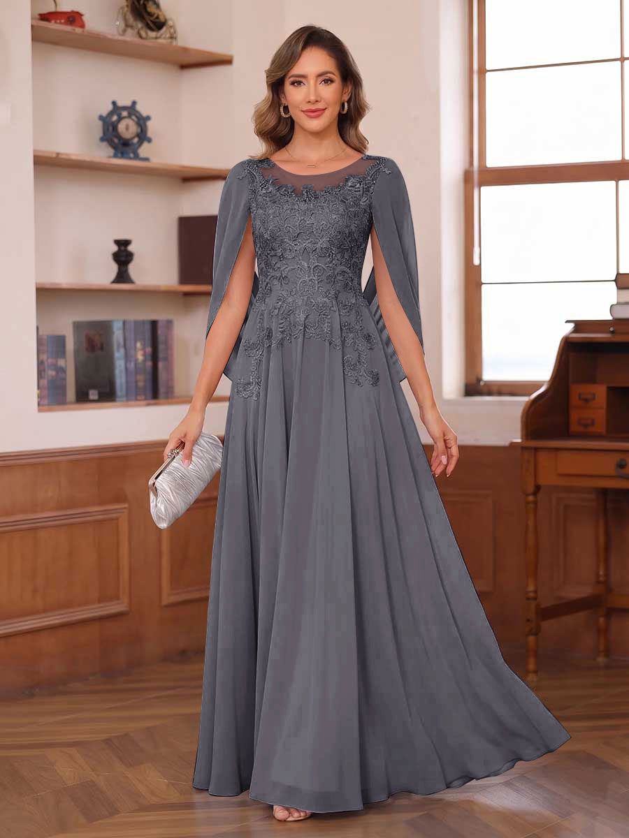 A-Line/Princess Illusion Scoop Chiffon Mother of the Bride Dresses with Appliques & Cape