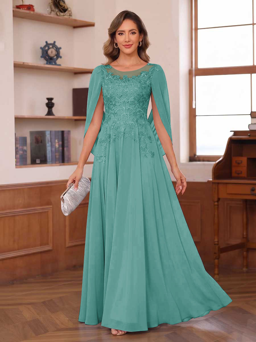 A-Line/Princess Illusion Scoop Chiffon Mother of the Bride Dresses with Appliques & Cape