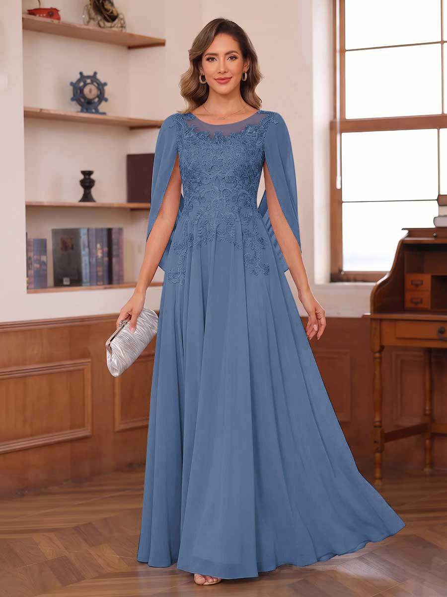 A-Line/Princess Illusion Scoop Chiffon Mother of the Bride Dresses with Appliques & Cape