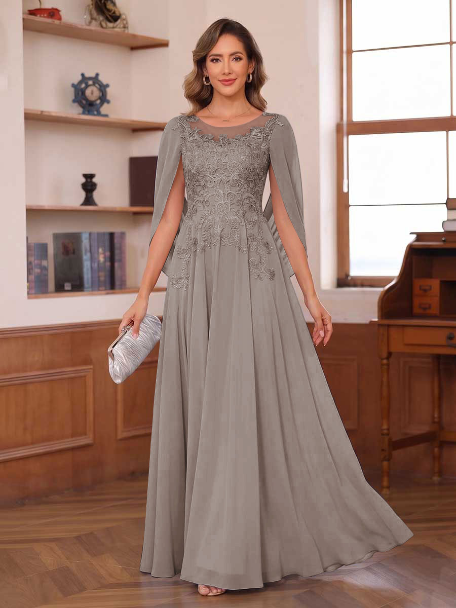 A-Line/Princess Illusion Scoop Chiffon Mother of the Bride Dresses with Appliques & Cape