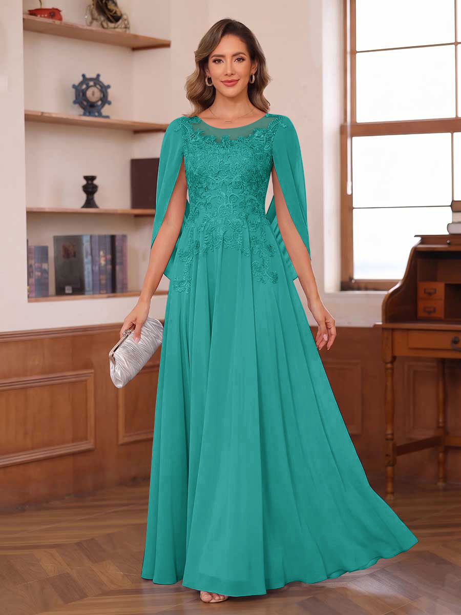 A-Line/Princess Illusion Scoop Chiffon Mother of the Bride Dresses with Appliques & Cape