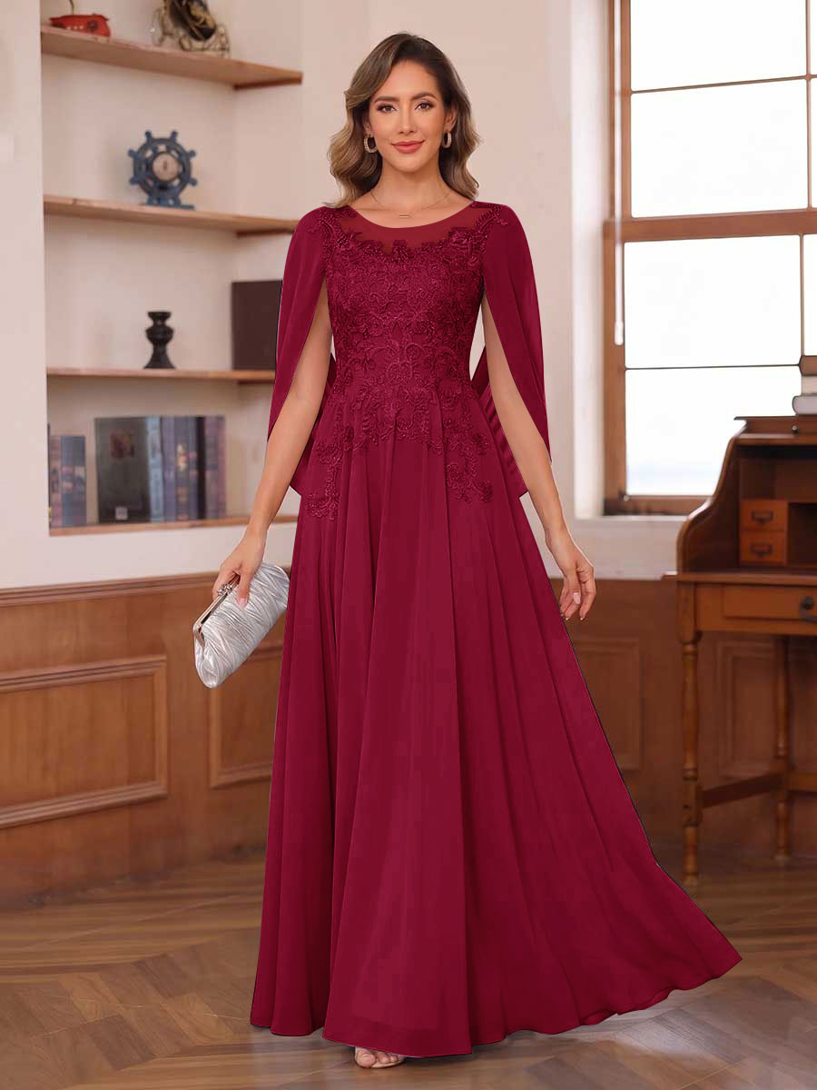 A-Line/Princess Illusion Scoop Chiffon Mother of the Bride Dresses with Appliques & Cape