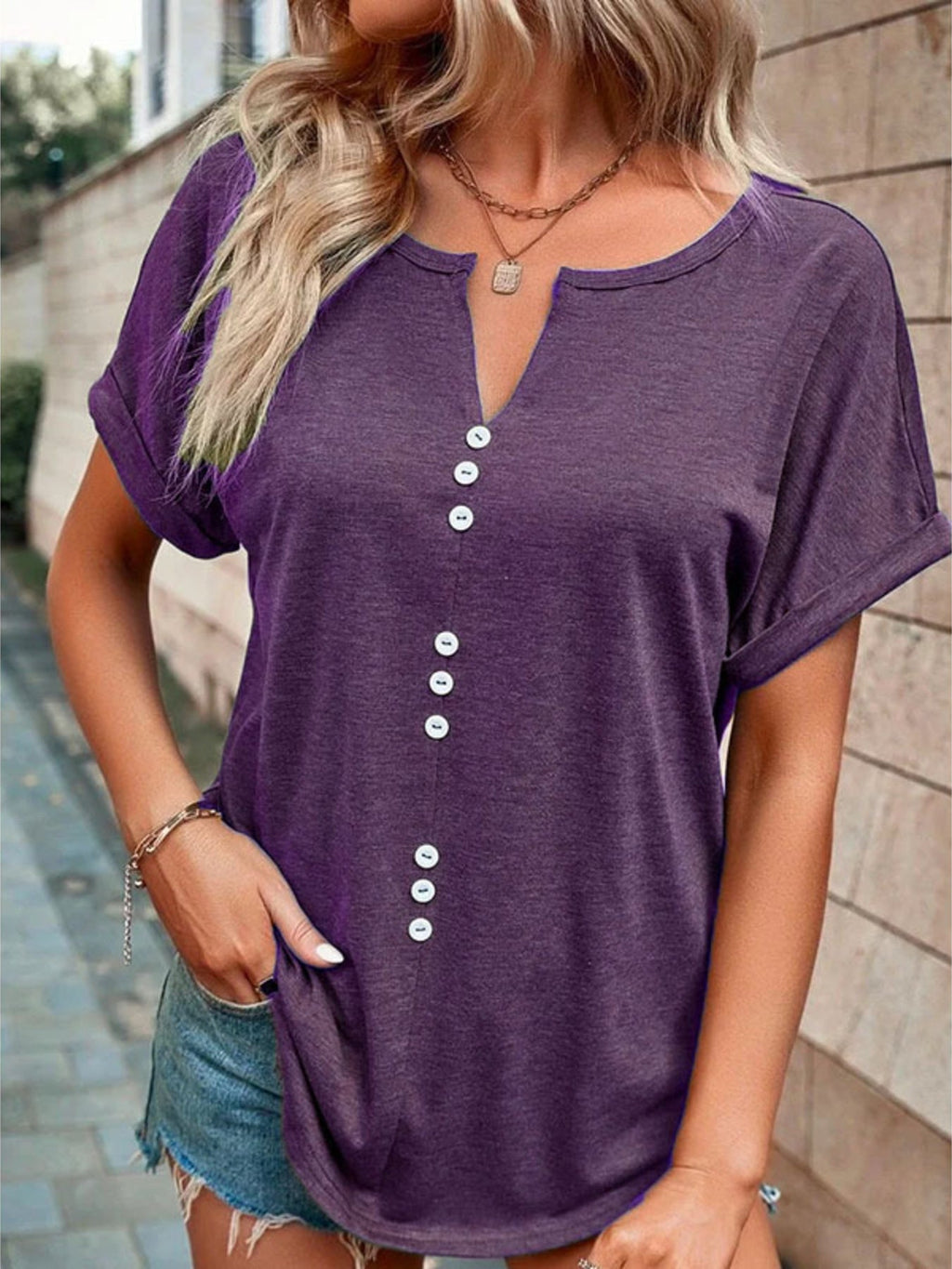 Full Size Decor Button Short Sleeve T Shirt