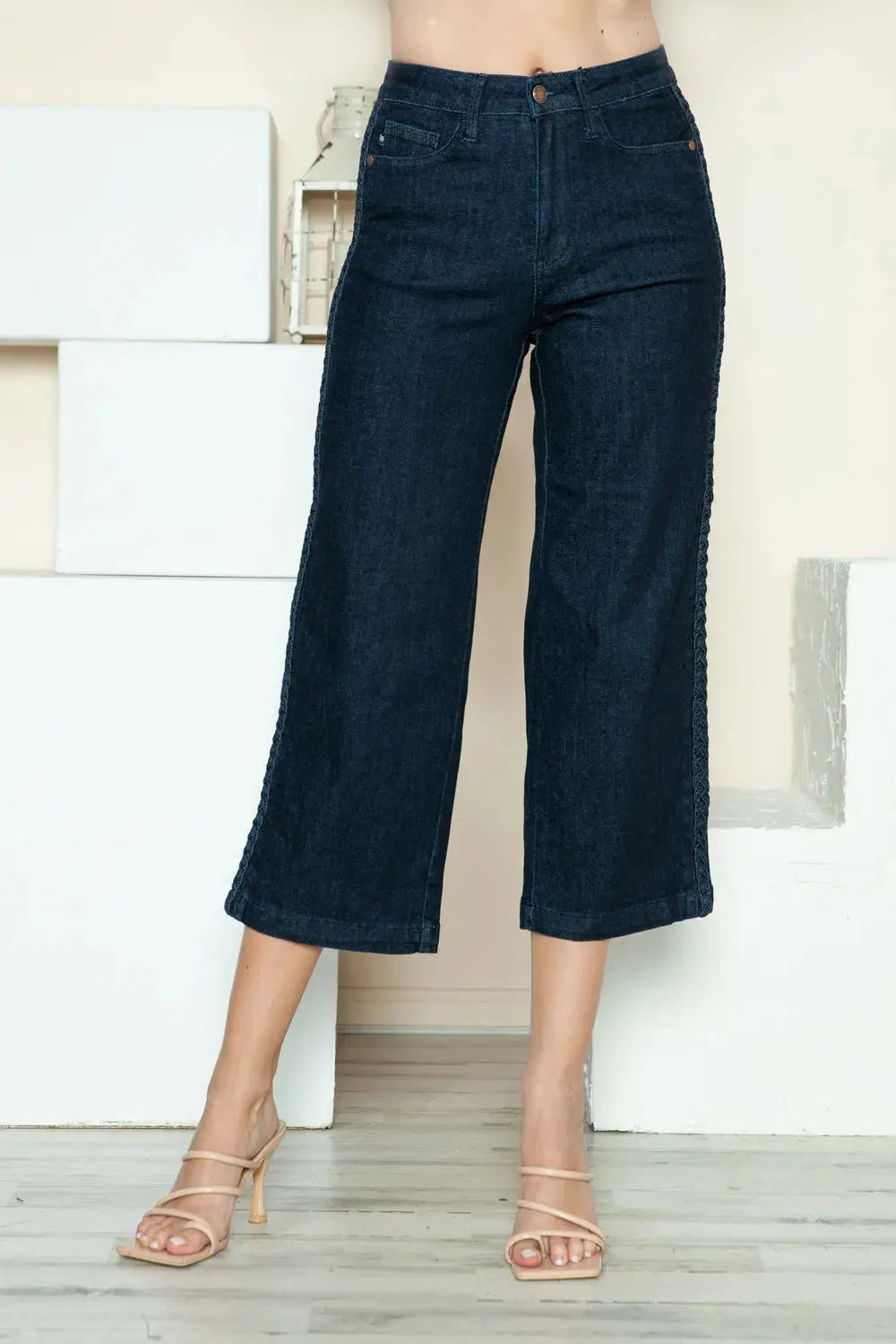 Judy Blue Full Size/Plus Size Side Seam Braid Detail Crop Wide Leg Jeans