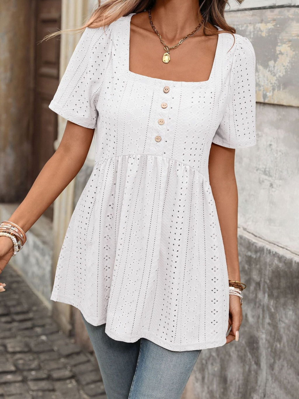 Women's Eyelet Square Neck Babydoll Short Sleeve Top