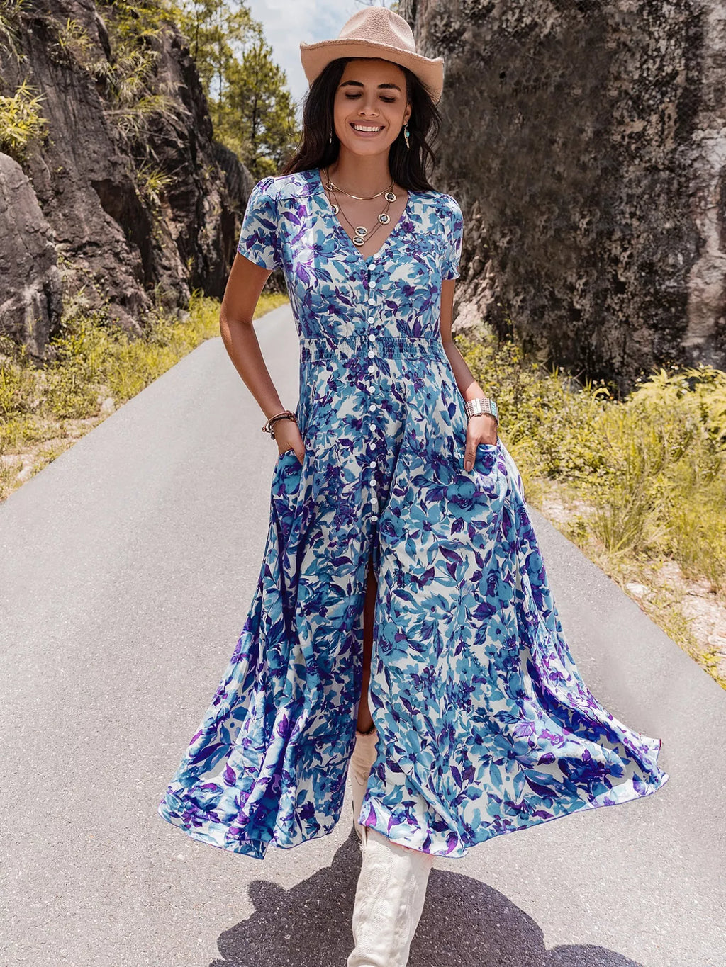 Floral Print Slit Front V Neck Midi Dress