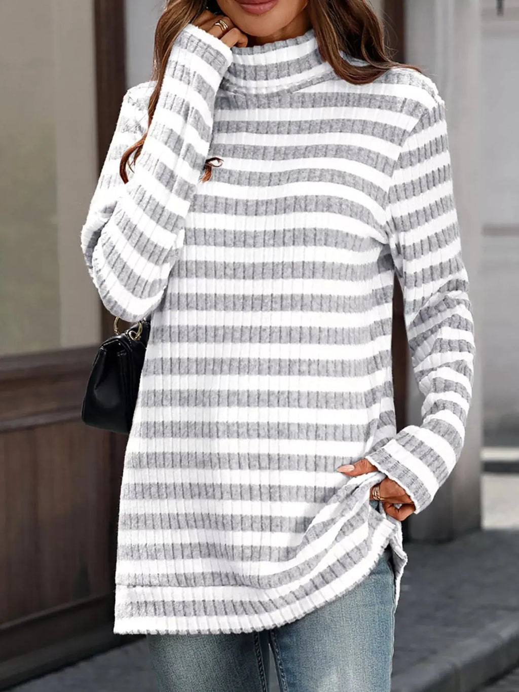 Striped Turtleneck Long Sleeve Knit Top