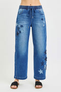 RISEN Elastic Band Slouchy Cropped Barrel Jeans with Star Patch