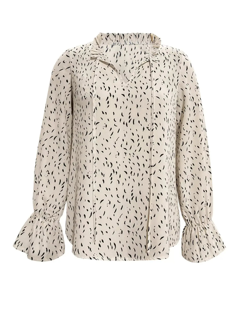 Ruffled Printed Tie Neck Long Sleeve Blouse