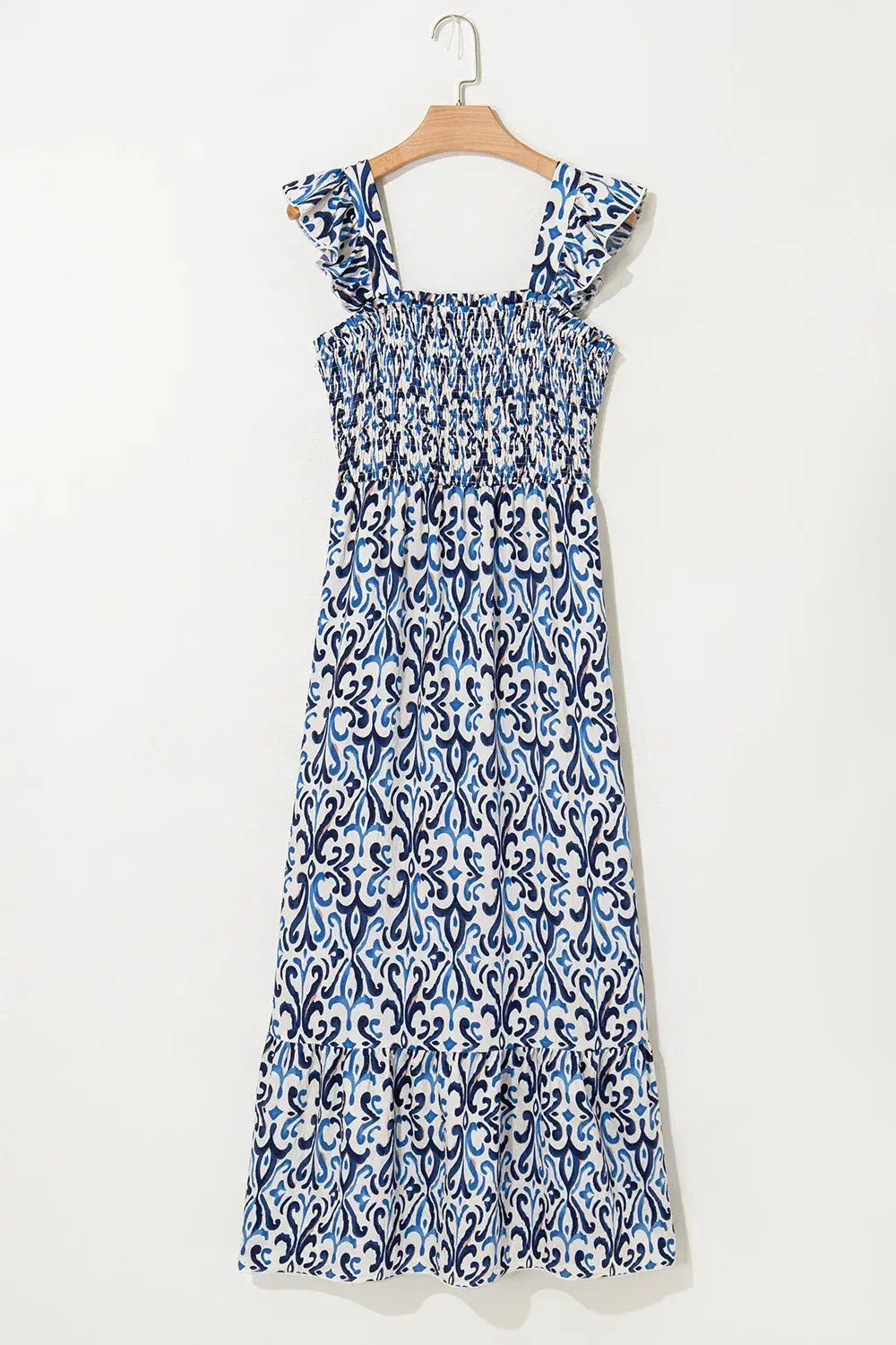 Smocked Printed Square Neck Boho Tiered Midi Dress