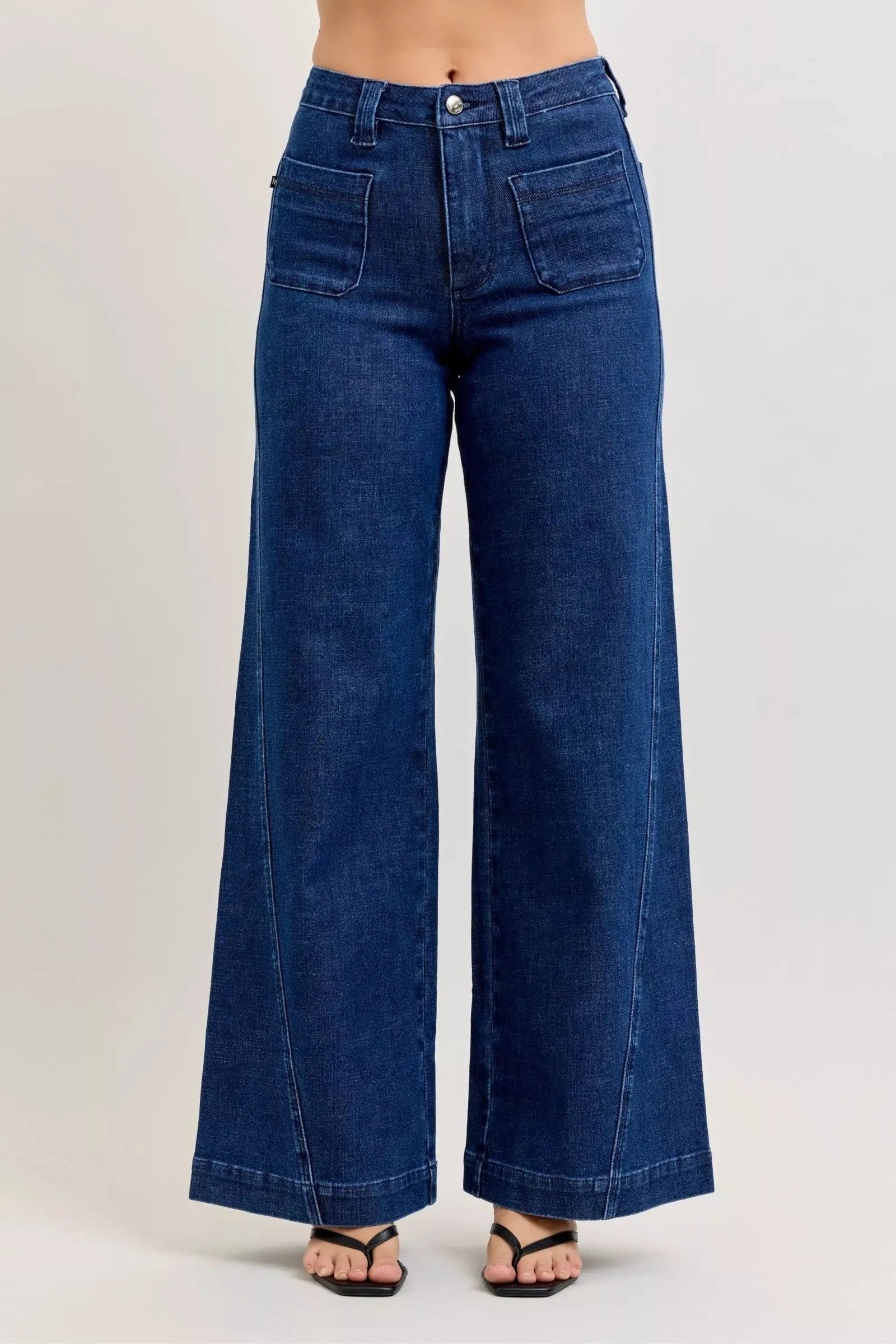 Judy Blue High-Waisted Retro Wide Jeans with Patch Pockets & Twisted Seams
