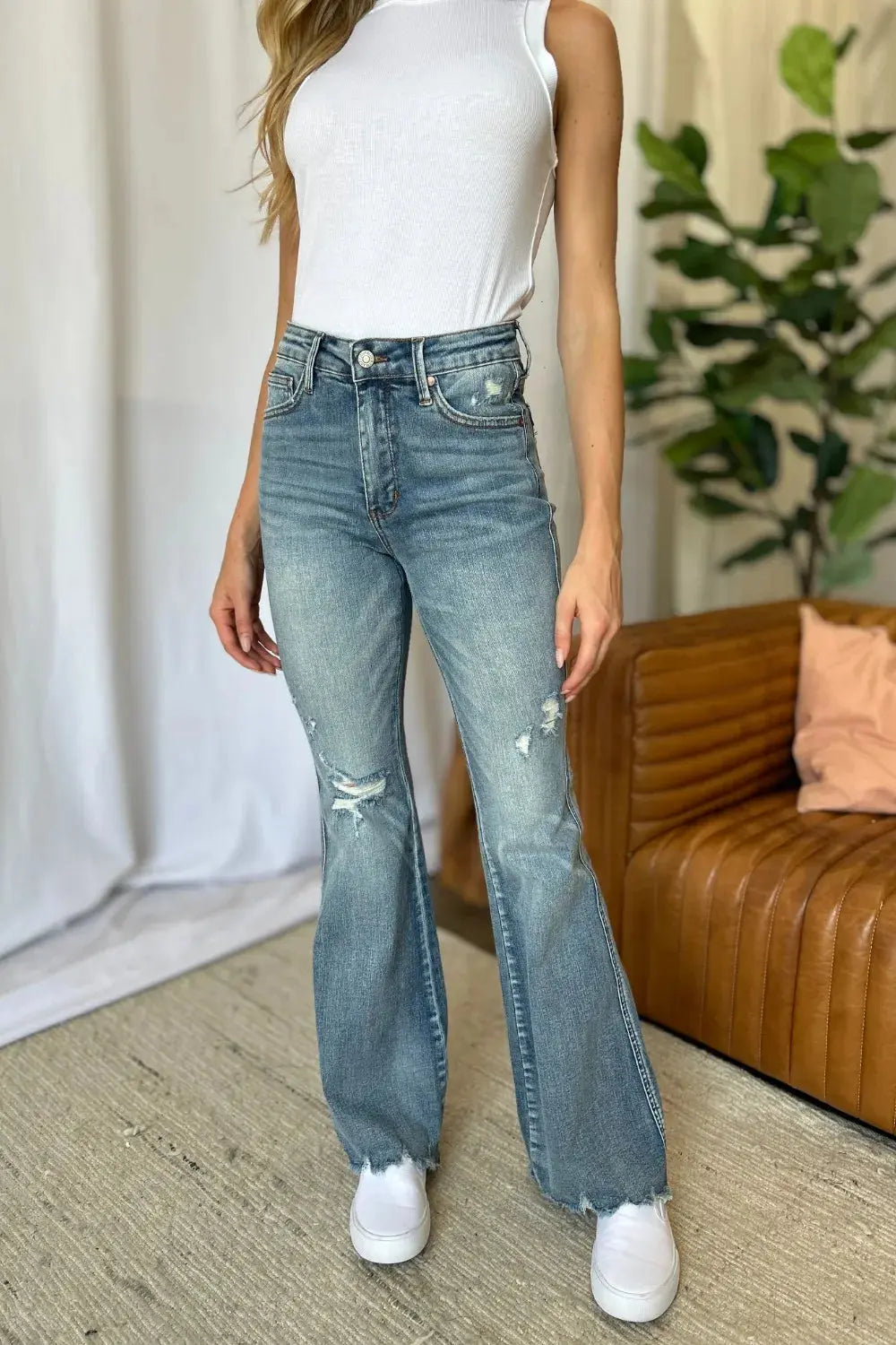 Plus Size Medium Rise Tummy Control Destroy Flare Judy Blue Jeans