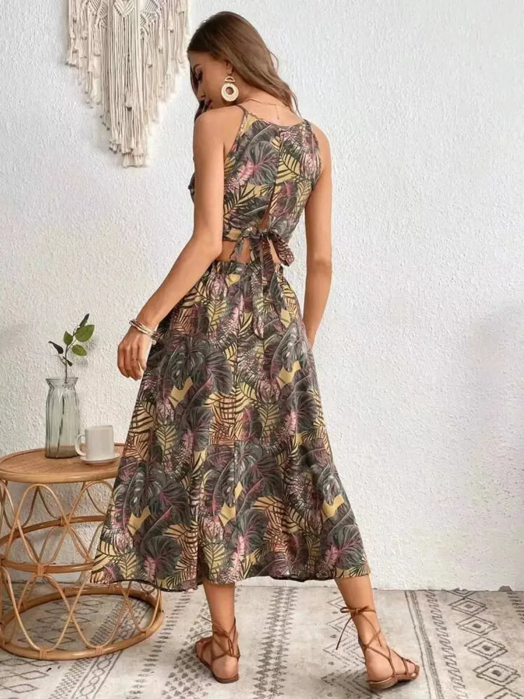 Tropical Leaf Print Two Piece Midi Skirt Set