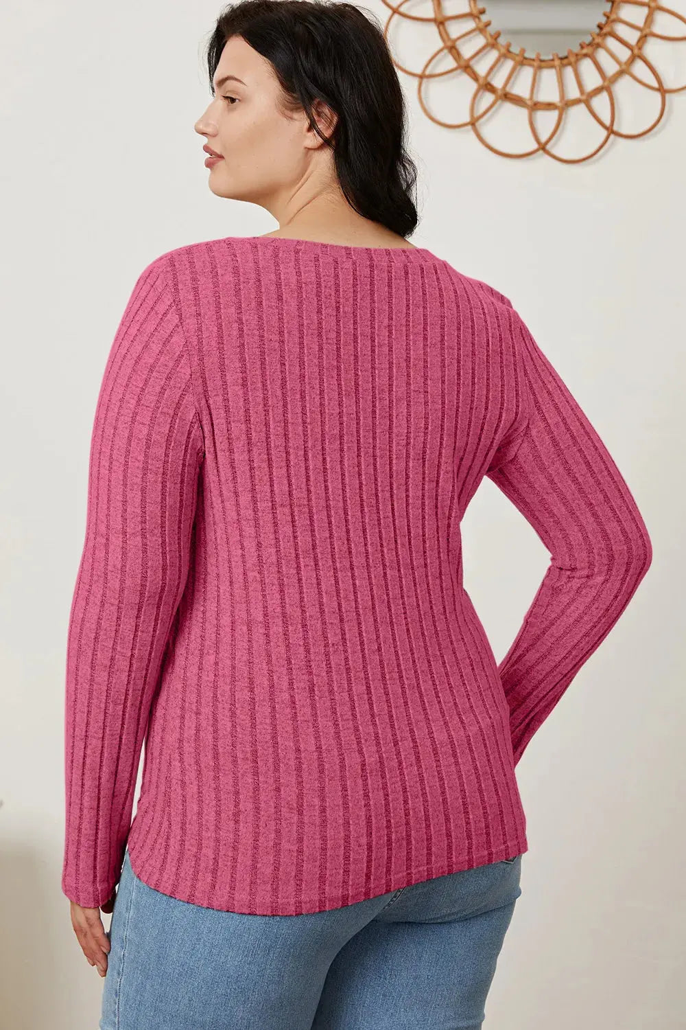 Basic Bae Full Size Ribbed V-Neck Long Sleeve T Shirt for Women