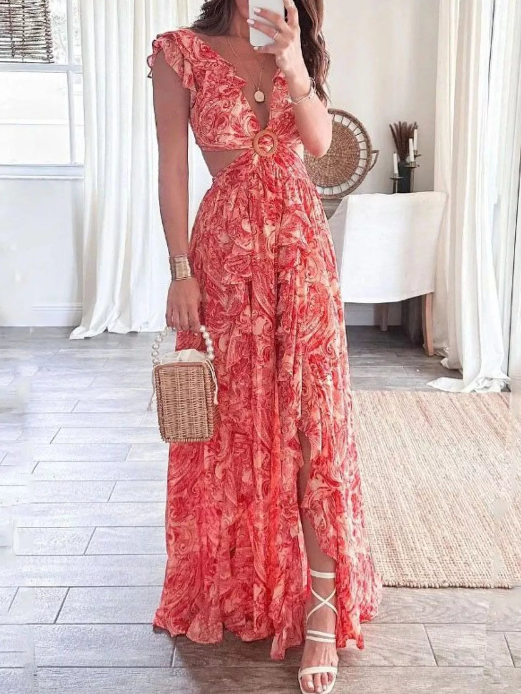 Full Size Ruffled Cutout V Neck Maxi Dress