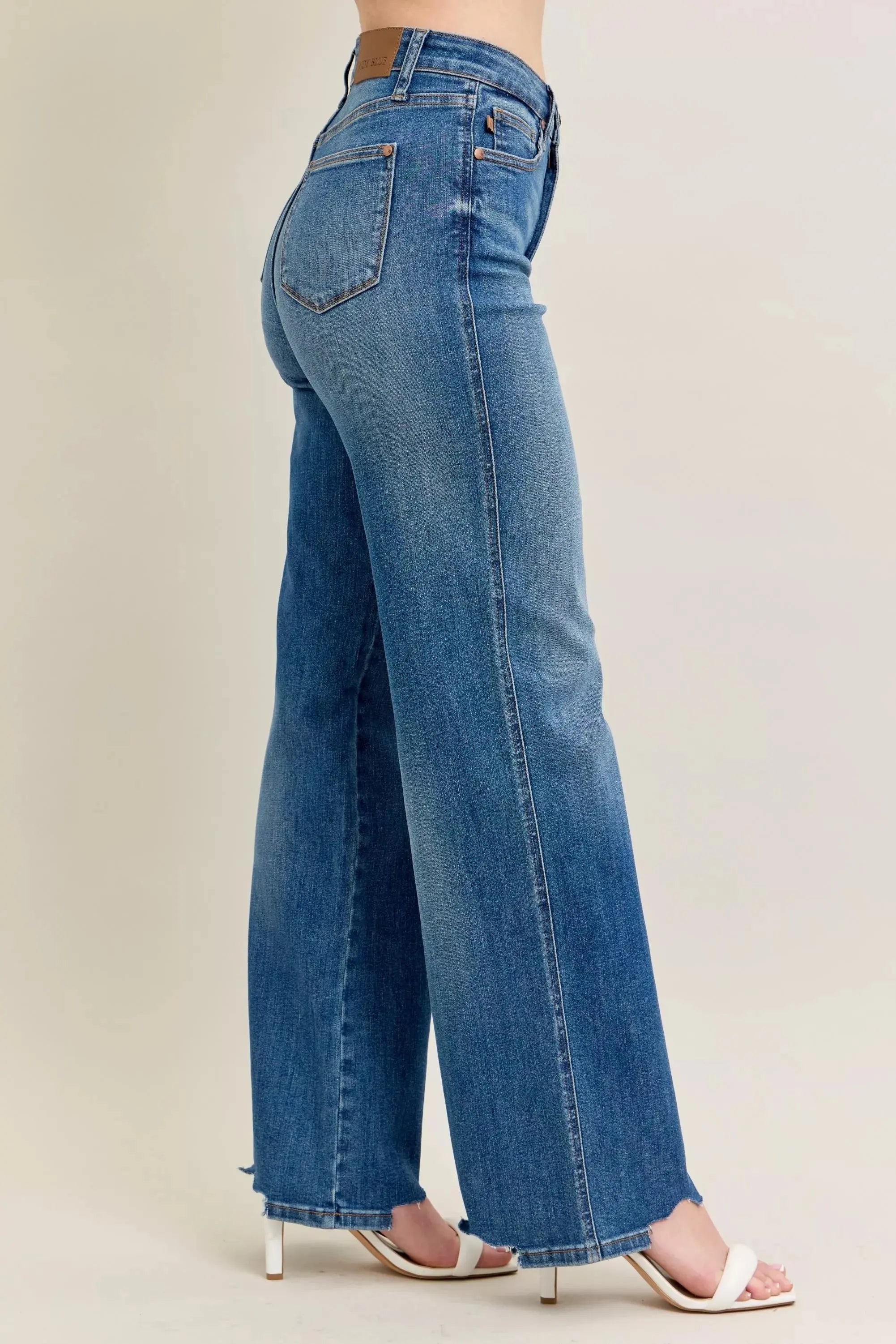 Judy Blue Full Size High Waist Tummy Control Destroy Wide Leg Jeans with Chew Hem