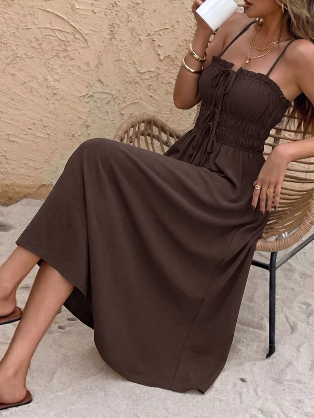 Tie-Front Brown A Line Dress