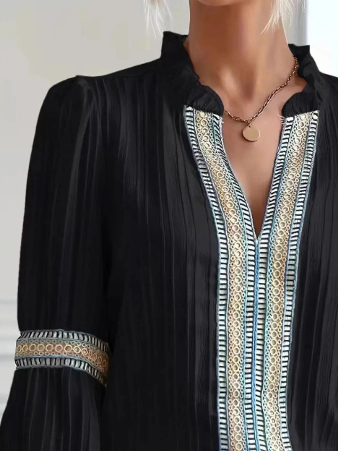 Textured Notched Balloon Sleeve Elegant Blouse