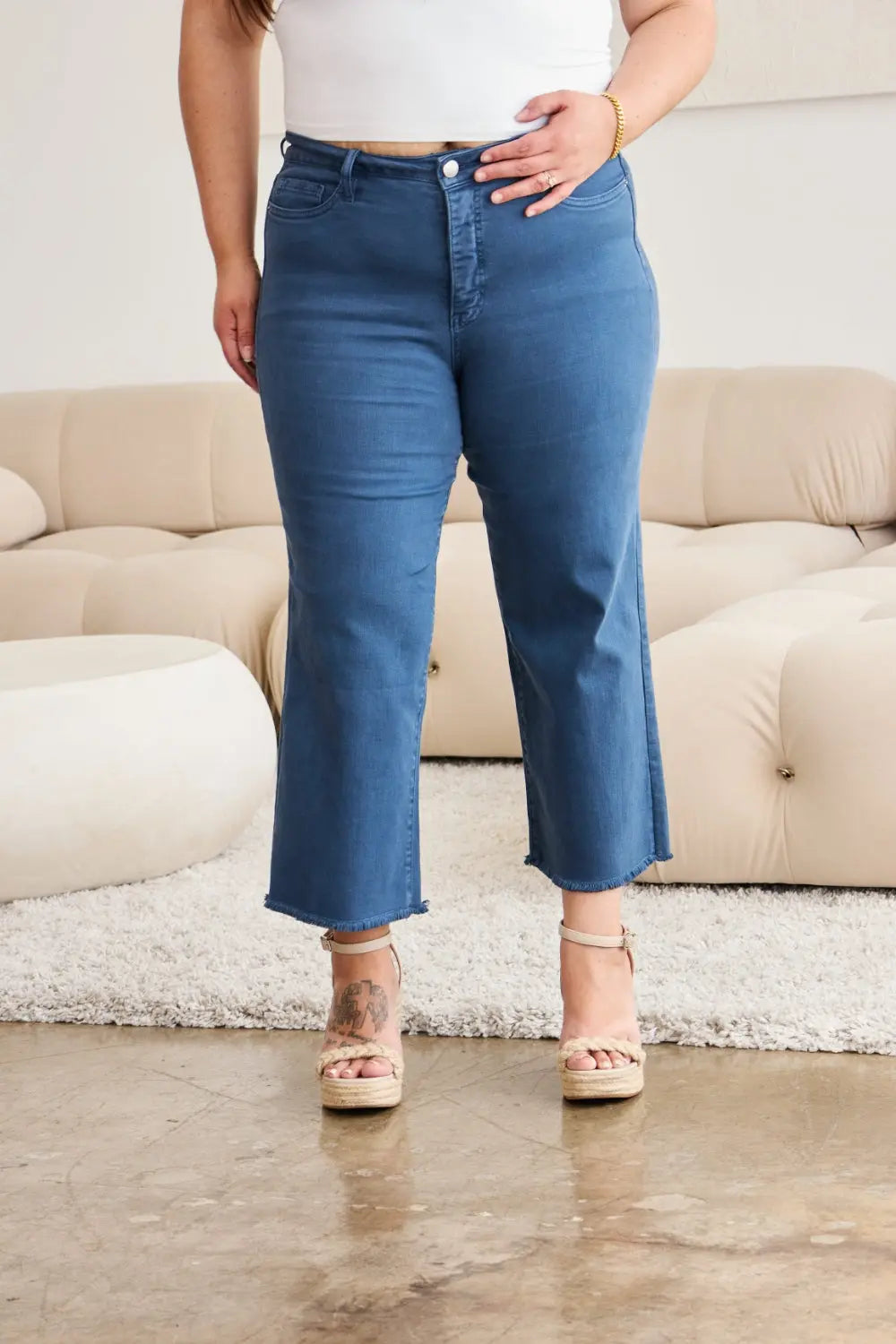 RFM Crop Full Size Tummy Control High Waist Raw Hem Jeans