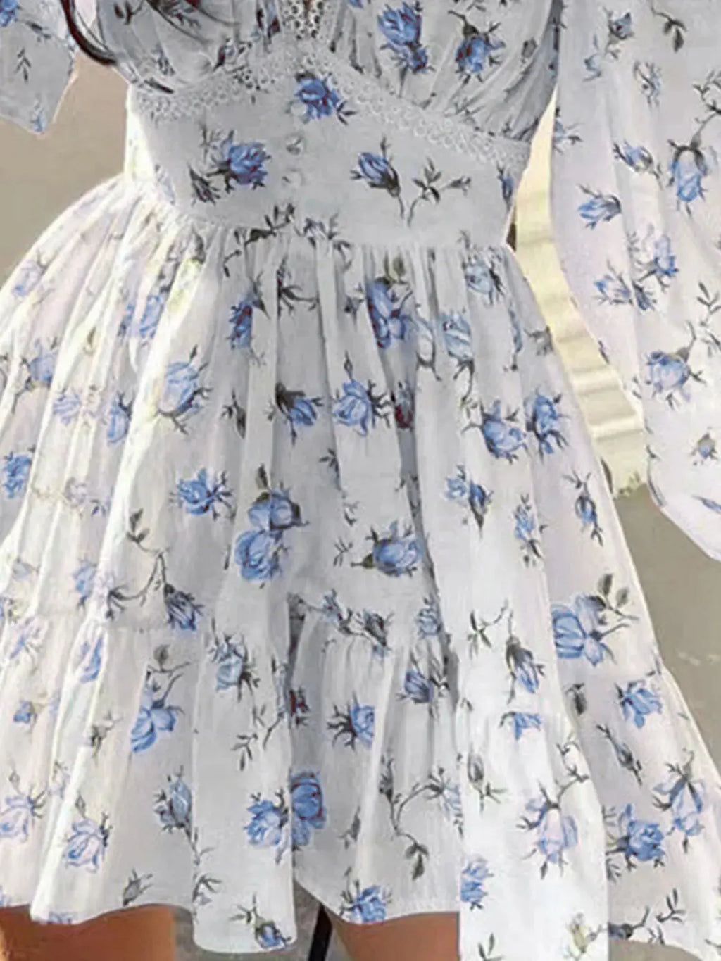 Lace Detail V Neck Balloon Sleeve Dress