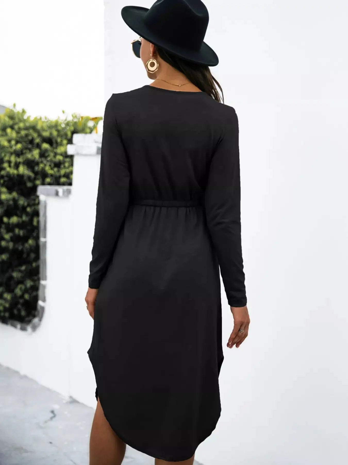 Drawstring Waist Long Sleeve Casual Dress