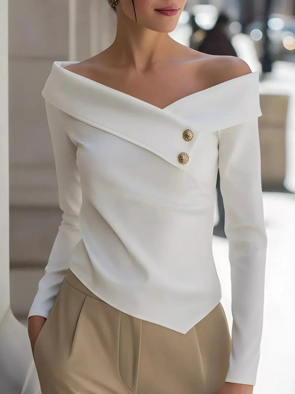 Decorative Button Off Shoulder Blouse