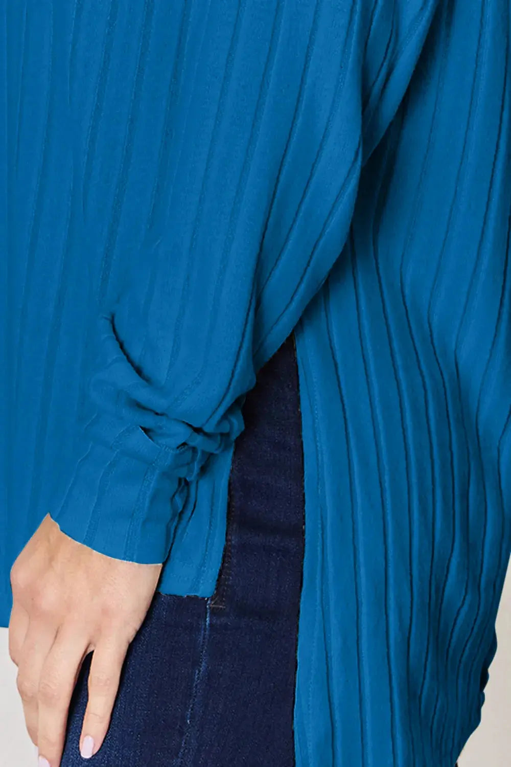 Basic Bae Ribbed Round Neck Slit Womens Long Sleeve T Shirt – Full & Plus Size