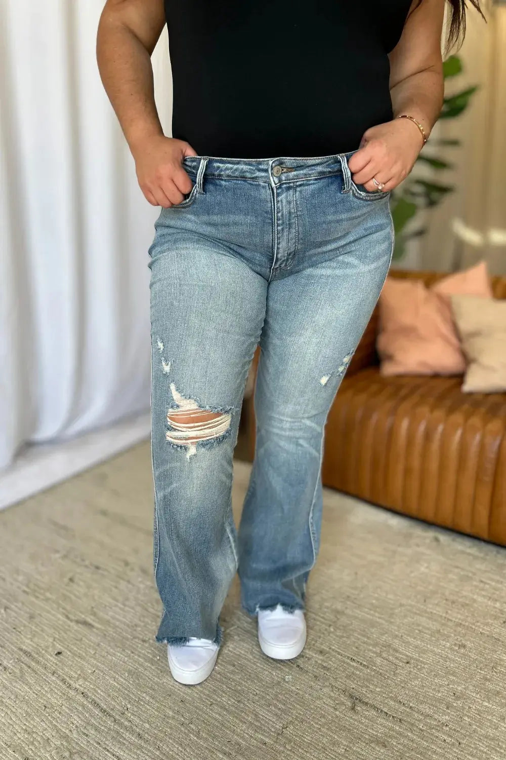 Plus Size Medium Rise Tummy Control Destroy Flare Judy Blue Jeans