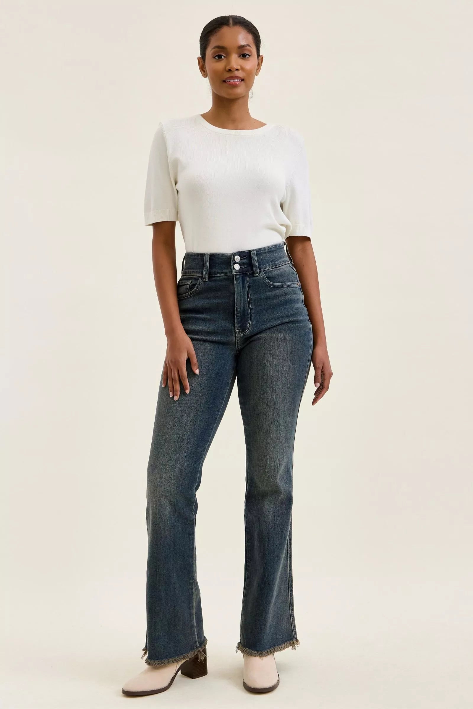 Judy Blue Double Button High Waist Frayed Hem Jeans
