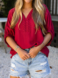Women's Braided Detail V-Neck Half Sleeve Blouse