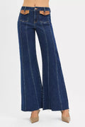 RISEN Jeans - High Rise Wide Flare Jeans with Front Leather Pocket Detail